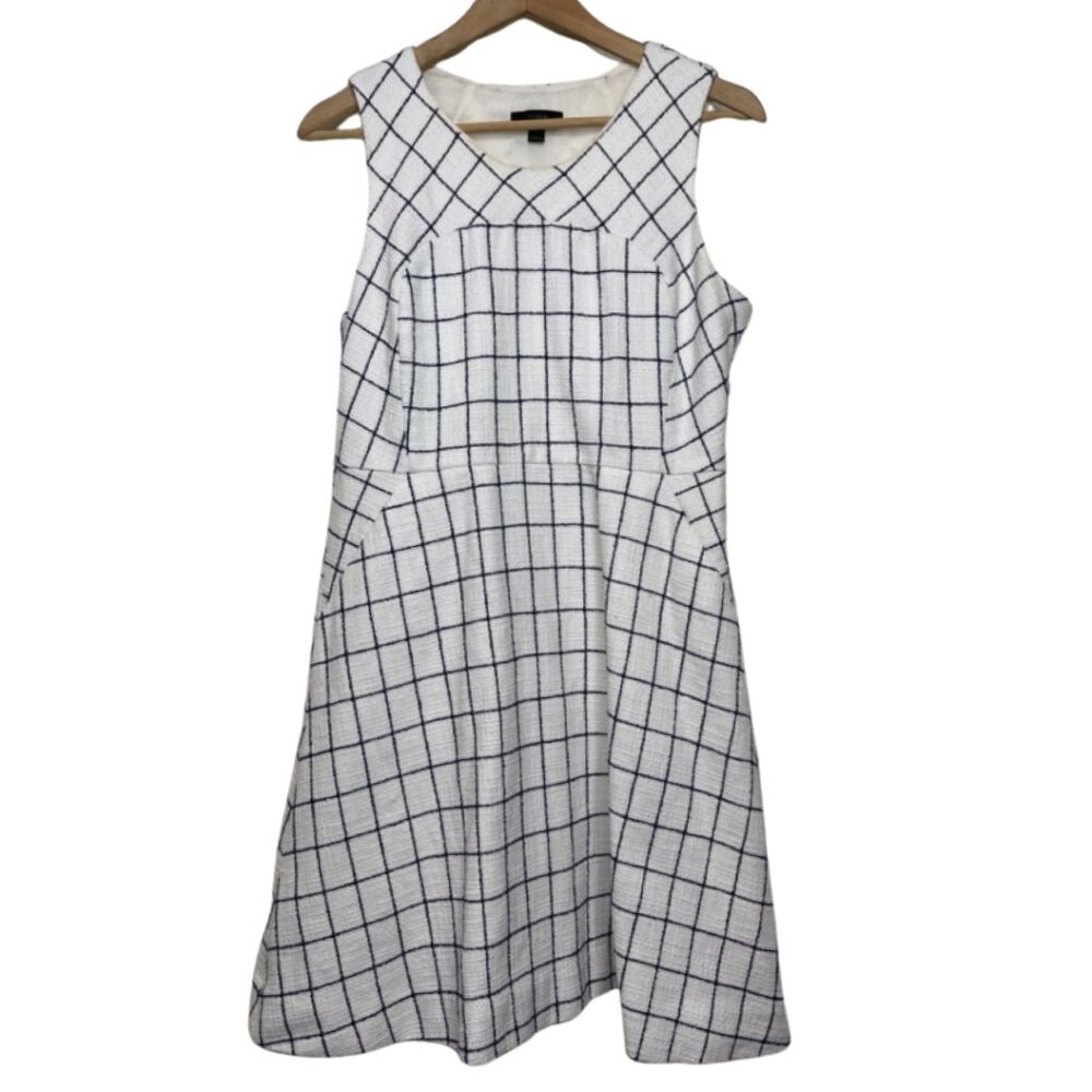 J CREW | White & Blue Window Pane Tweed Midi Dress with Pockets | Size 12P